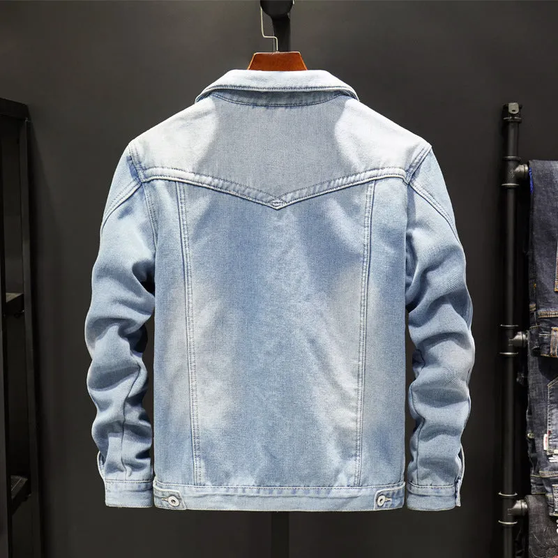 Men's casual denim jacket in dark blue with Korean gown style, long sleeves, and button front
