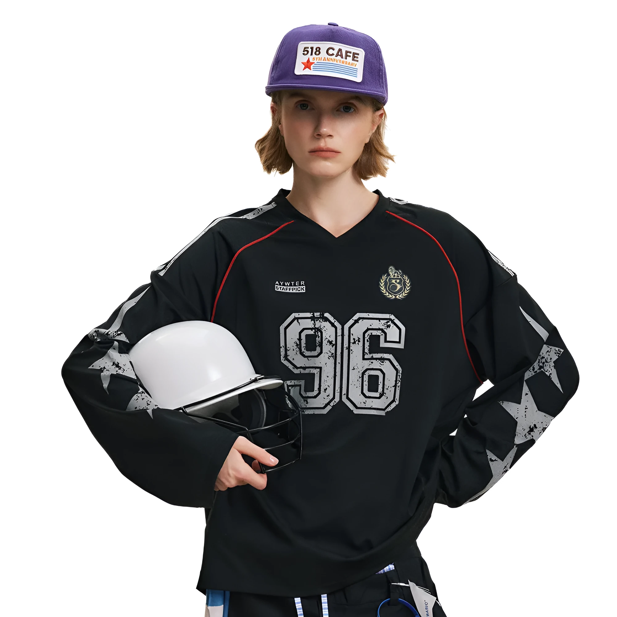 Sports loose baseball clothing top for men and women in cotton blend, available in black and white