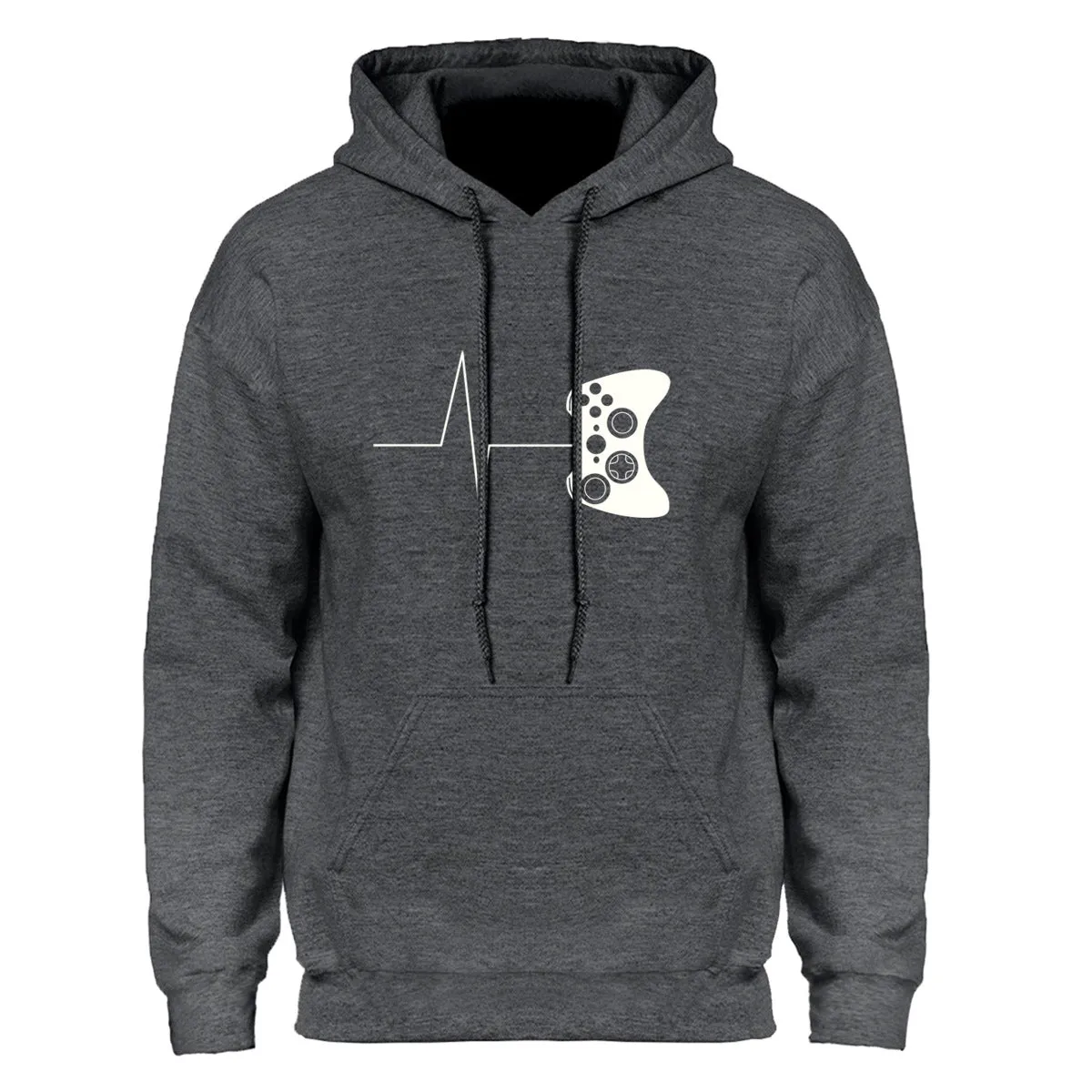 Casual men's loose long-sleeved plus fleece sweater with round neck, printed pattern, and patch pockets, in grey