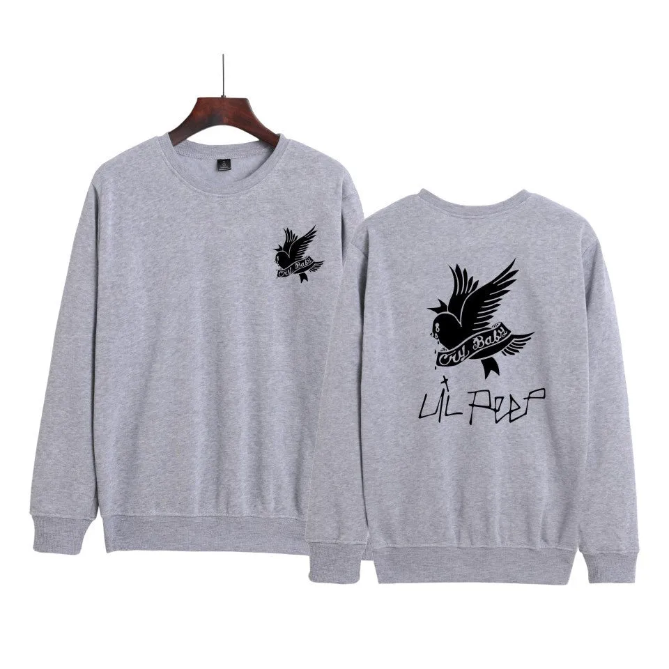 Loose round collar unisex printed hoodie in navy blue, long sleeves, no hood, velvet lining, front view