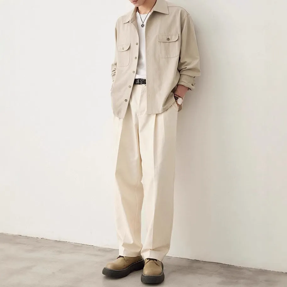 Men's casual shirt with a cotton lapel in light sand rice colour, showing long sleeves and simple design.