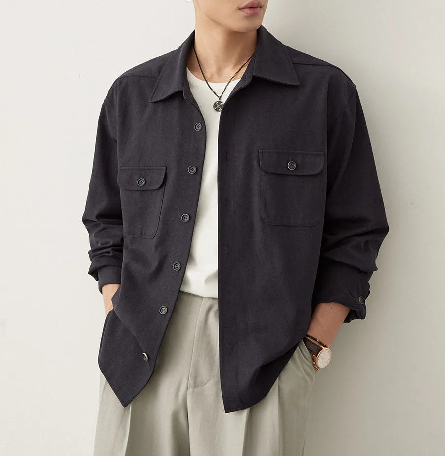 Men's casual shirt with a cotton lapel in light sand rice colour, showing long sleeves and simple design.
