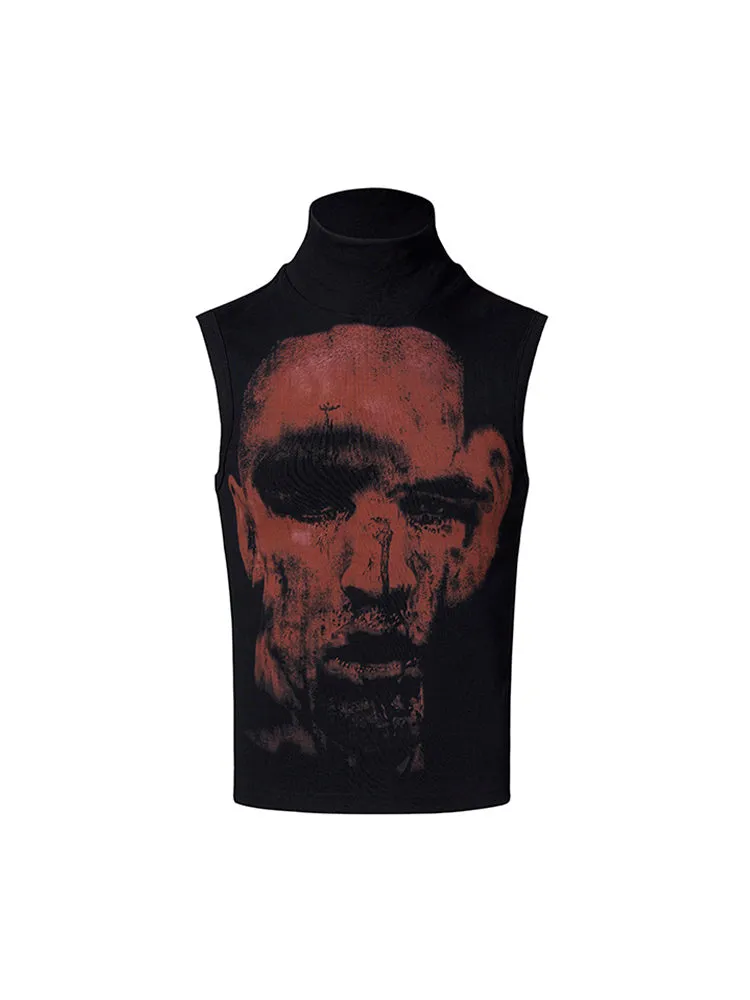 Black half turtleneck sleeveless t-shirt with character print and slim Korean style fit