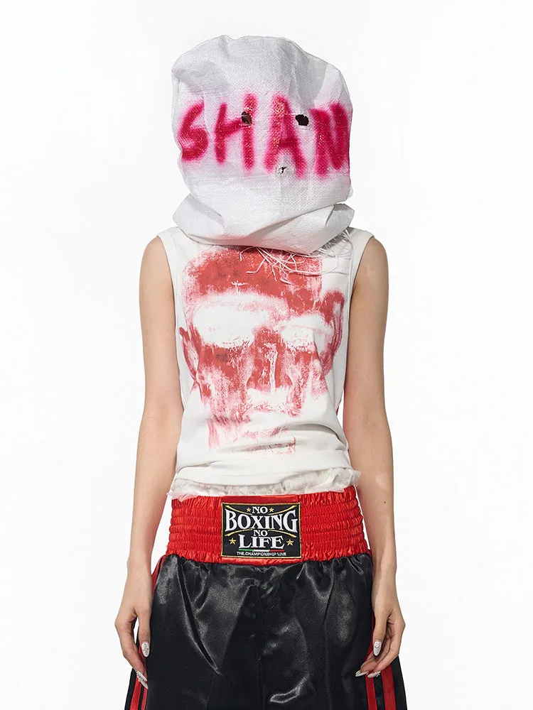 Black half turtleneck sleeveless t-shirt with character print and slim Korean style fit