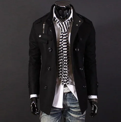 Men's double-breasted woolen coat with stand collar, black colour option