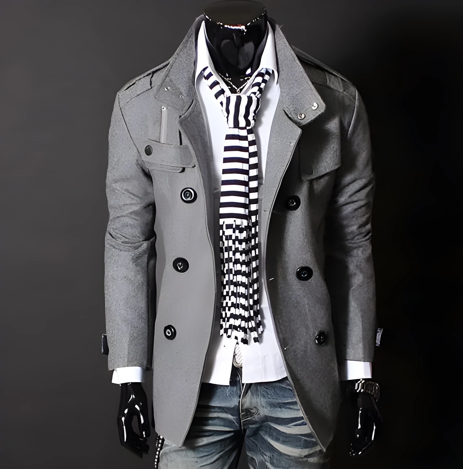 Men's double-breasted woolen coat with stand collar, black colour option