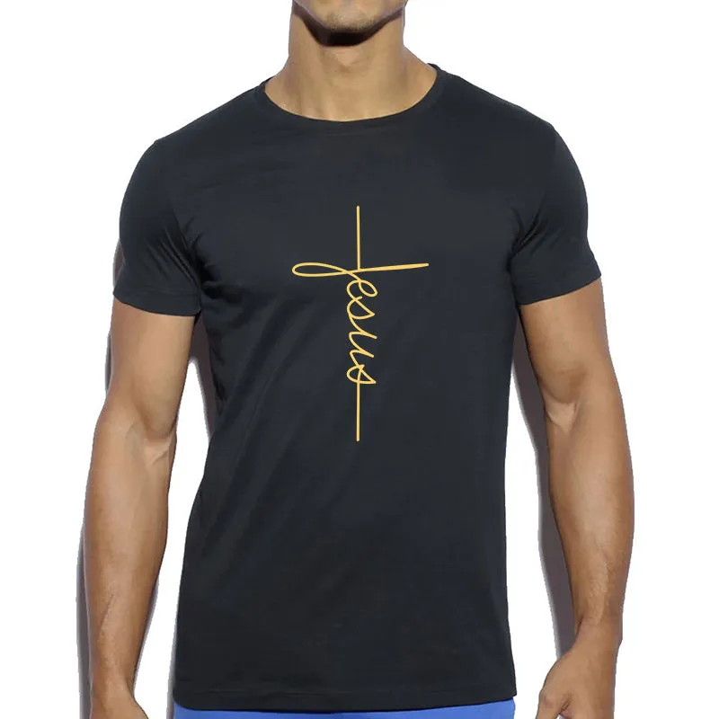 Men's short sleeve black T-shirt with white Jesus Christ cross print on front, slim fit round neck design