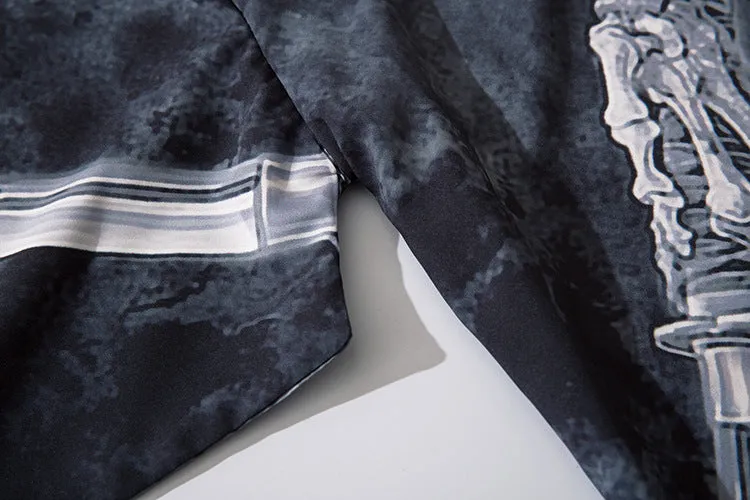 Men's black demon print cardigan with lapel collar, loose fit, polyester fabric, cosplay or haori style