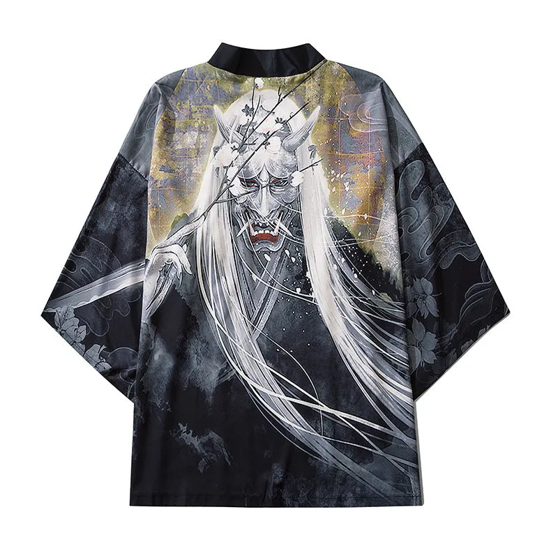 Men's black demon print cardigan with lapel collar, loose fit, polyester fabric, cosplay or haori style
