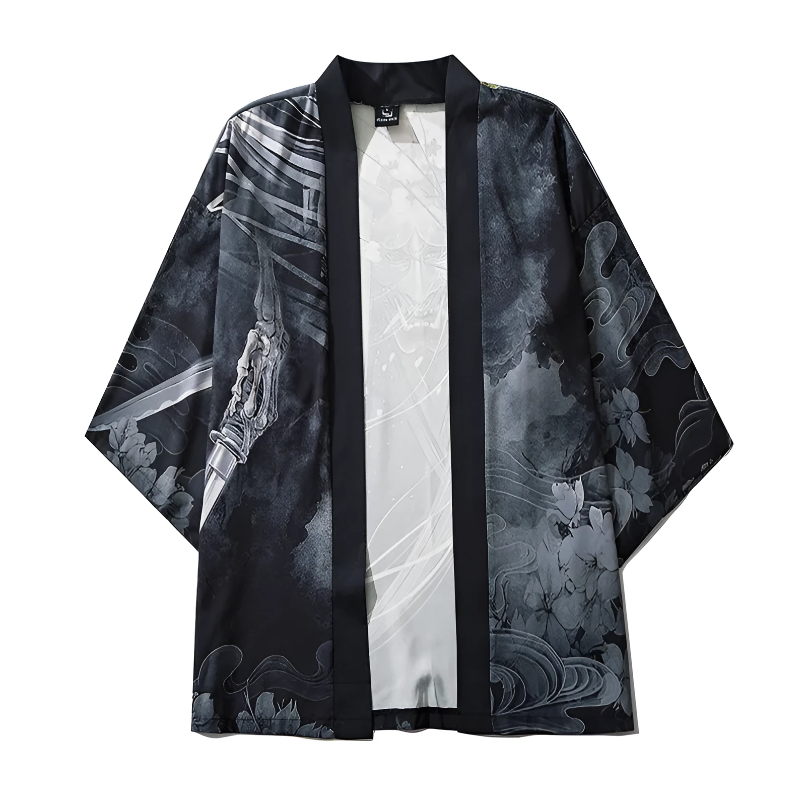 Men's black demon print cardigan with lapel collar, loose fit, polyester fabric, cosplay or haori style