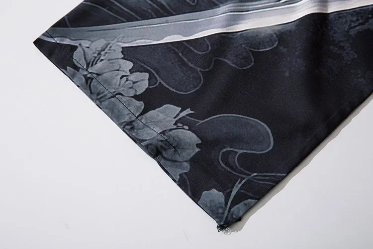 Men's black demon print cardigan with lapel collar, loose fit, polyester fabric, cosplay or haori style