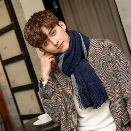 Wool men's scarf in black grey colour blocking pattern 200x40cm