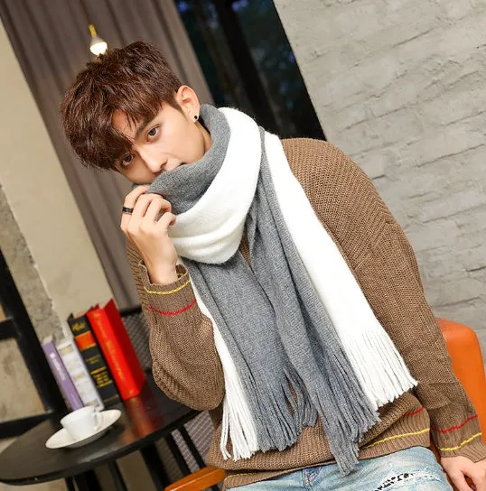 Wool men's scarf in black grey colour blocking pattern 200x40cm
