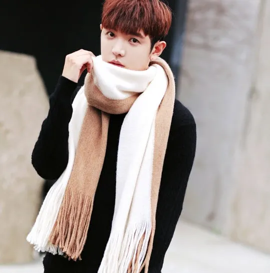 Wool men's scarf in black grey colour blocking pattern 200x40cm