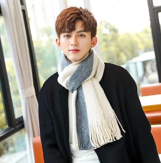 Wool men's scarf in black grey colour blocking pattern 200x40cm
