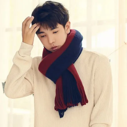 Wool men's scarf in black grey colour blocking pattern 200x40cm