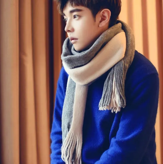 Wool men's scarf in black grey colour blocking pattern 200x40cm