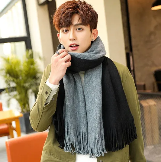 Wool men's scarf in black grey colour blocking pattern 200x40cm