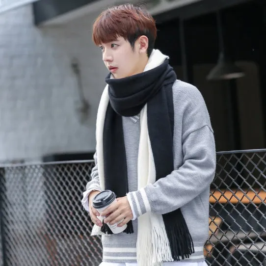 Wool men's scarf in black grey colour blocking pattern 200x40cm