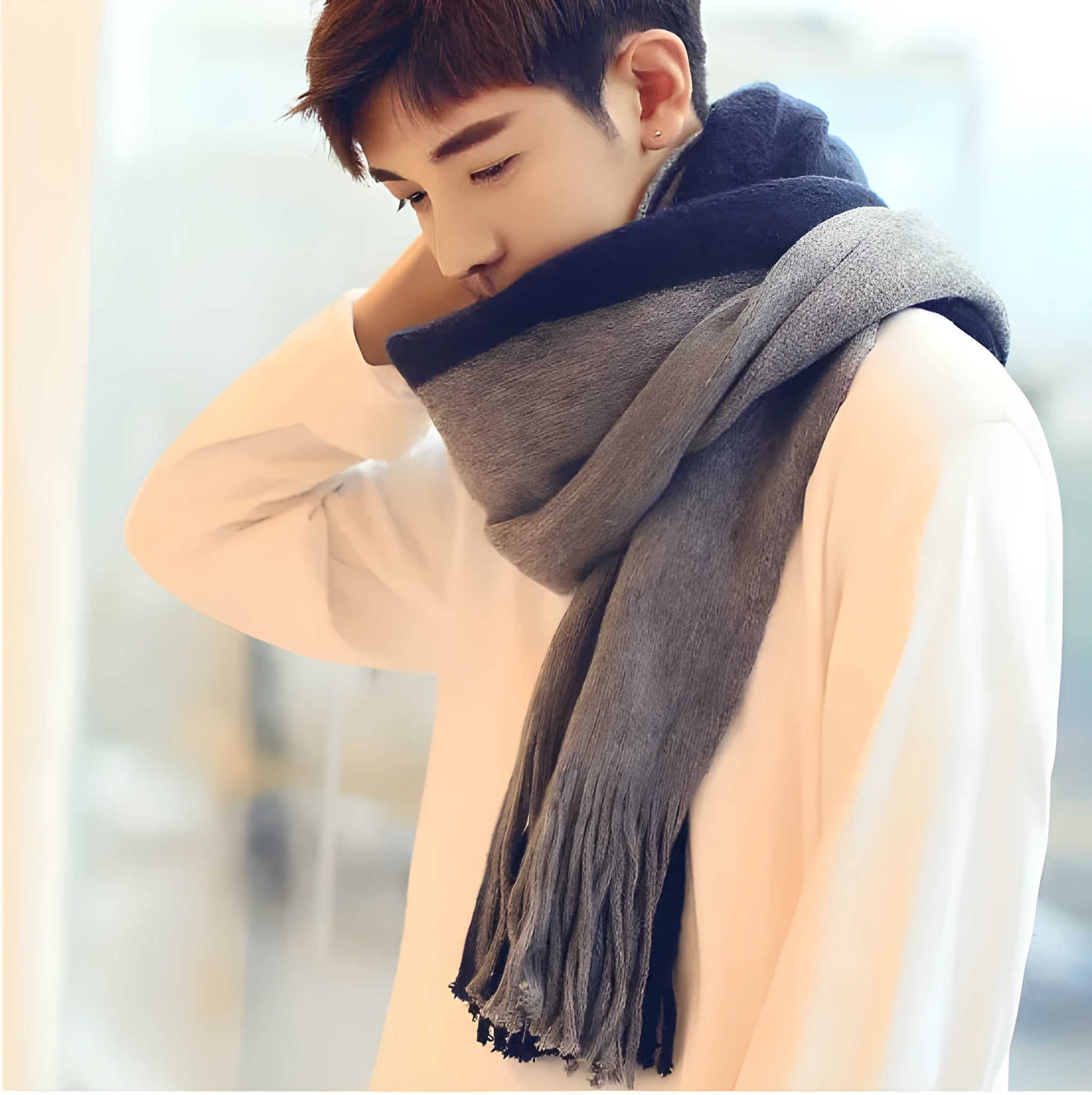 Wool men's scarf in black grey colour blocking pattern 200x40cm