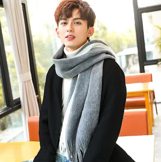 Wool men's scarf in black grey colour blocking pattern 200x40cm