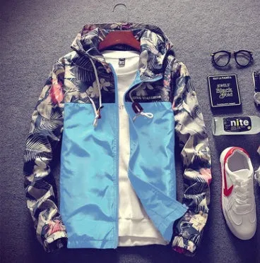 Men's light floral print hooded jacket in black, front view showing zip and multiple pockets