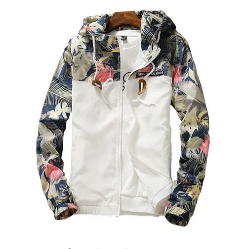 Men's light floral print hooded jacket in black, front view showing zip and multiple pockets