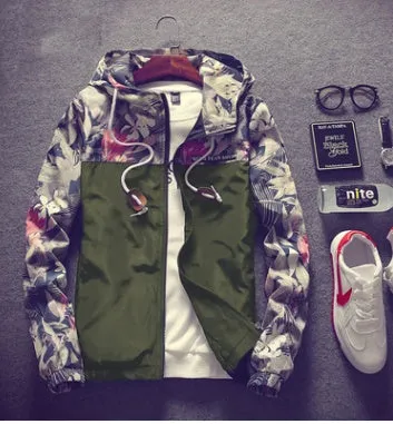 Men's light floral print hooded jacket in black, front view showing zip and multiple pockets