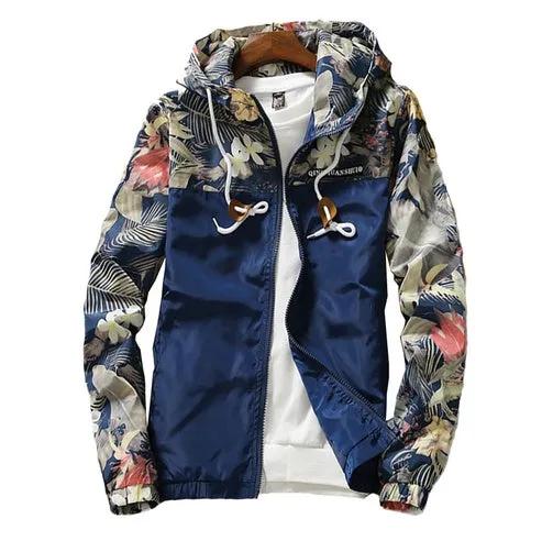 Men's light floral print hooded jacket in black, front view showing zip and multiple pockets