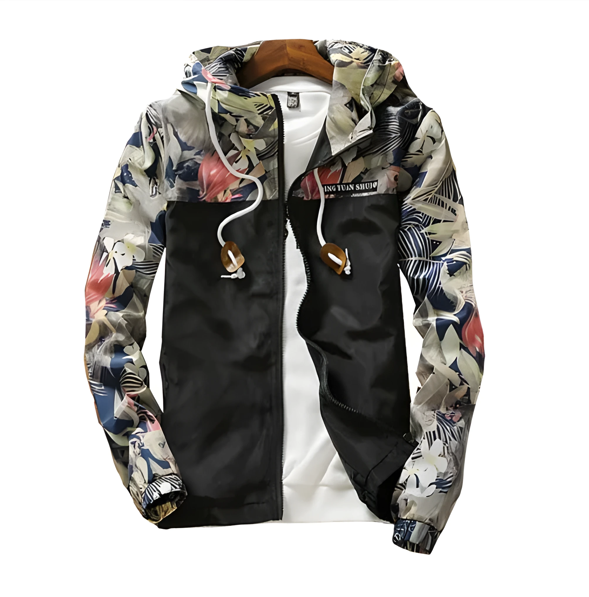 Men's light floral print hooded jacket in black, front view showing zip and multiple pockets