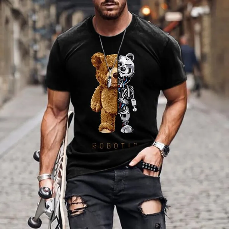 Casual collarless black T-shirt with teddy bear digital print, round neck, short sleeves, loose fit
