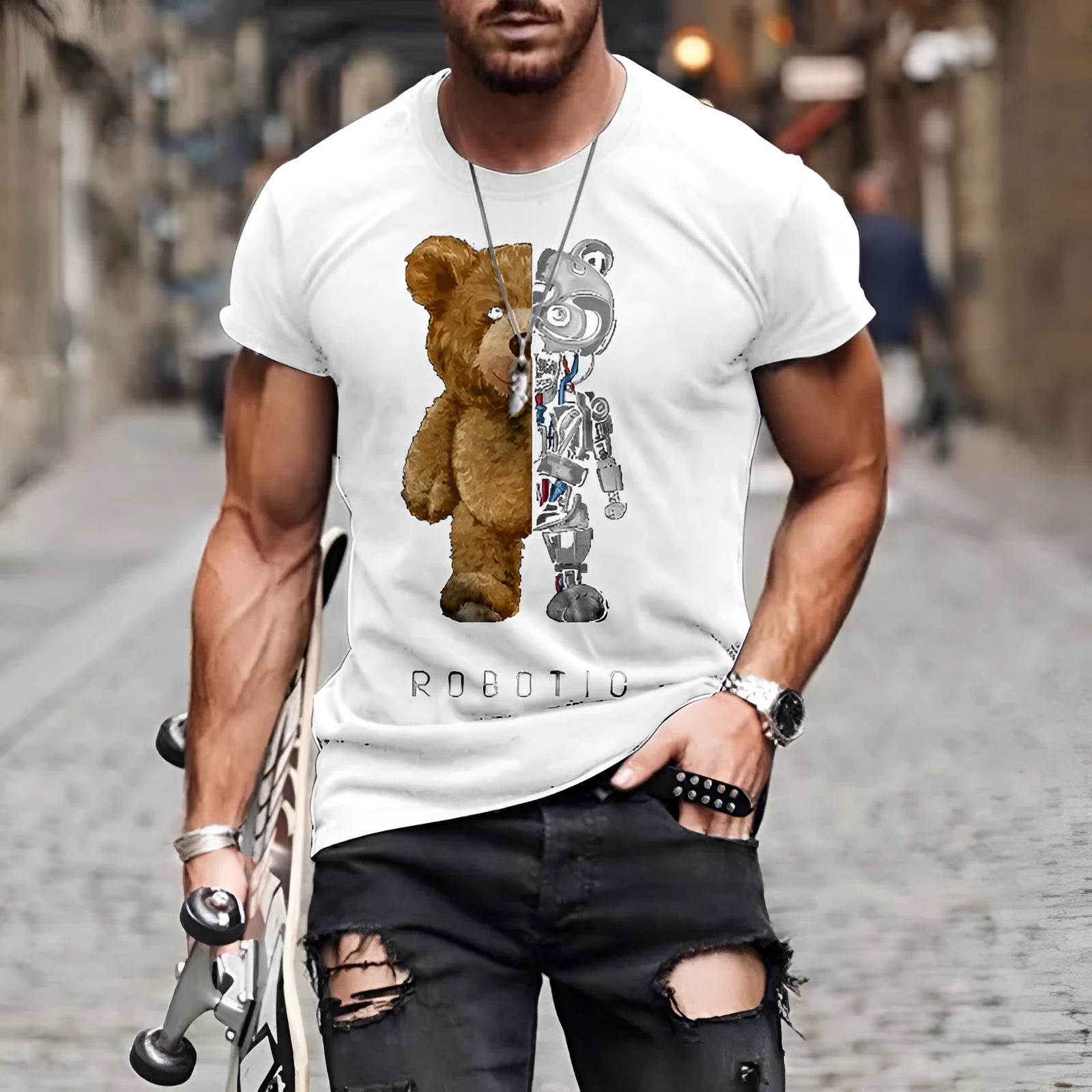 Casual collarless black T-shirt with teddy bear digital print, round neck, short sleeves, loose fit