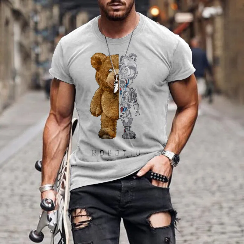 Casual collarless black T-shirt with teddy bear digital print, round neck, short sleeves, loose fit