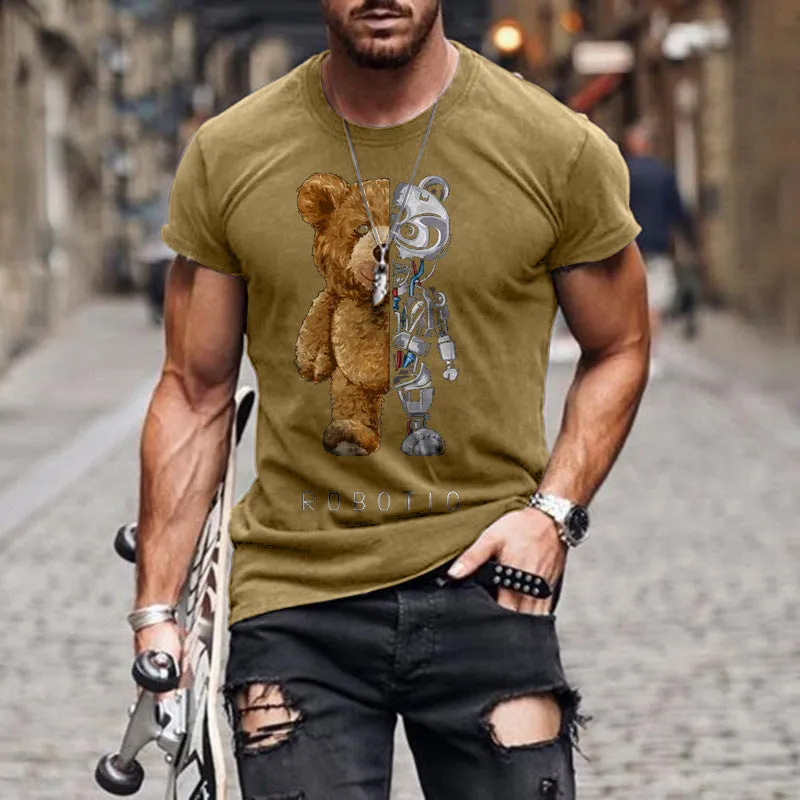 Casual collarless black T-shirt with teddy bear digital print, round neck, short sleeves, loose fit
