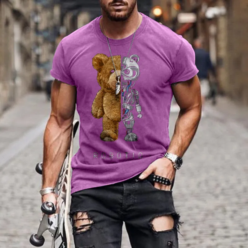 Casual collarless black T-shirt with teddy bear digital print, round neck, short sleeves, loose fit