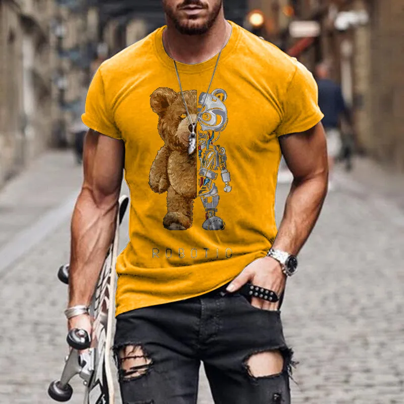 Casual collarless black T-shirt with teddy bear digital print, round neck, short sleeves, loose fit