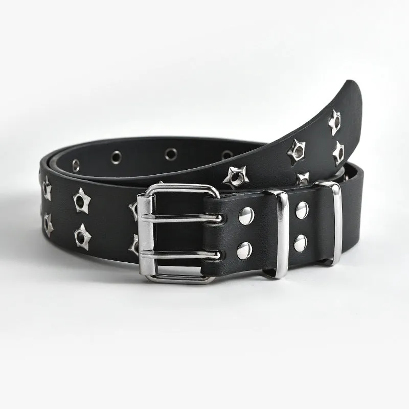 Women's fashion stars decorative double-row belt in imitation leather with alloy buckle, 110x3.3cm