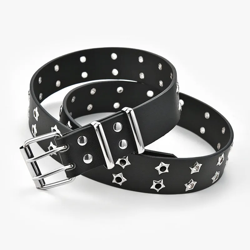 Women's fashion stars decorative double-row belt in imitation leather with alloy buckle, 110x3.3cm