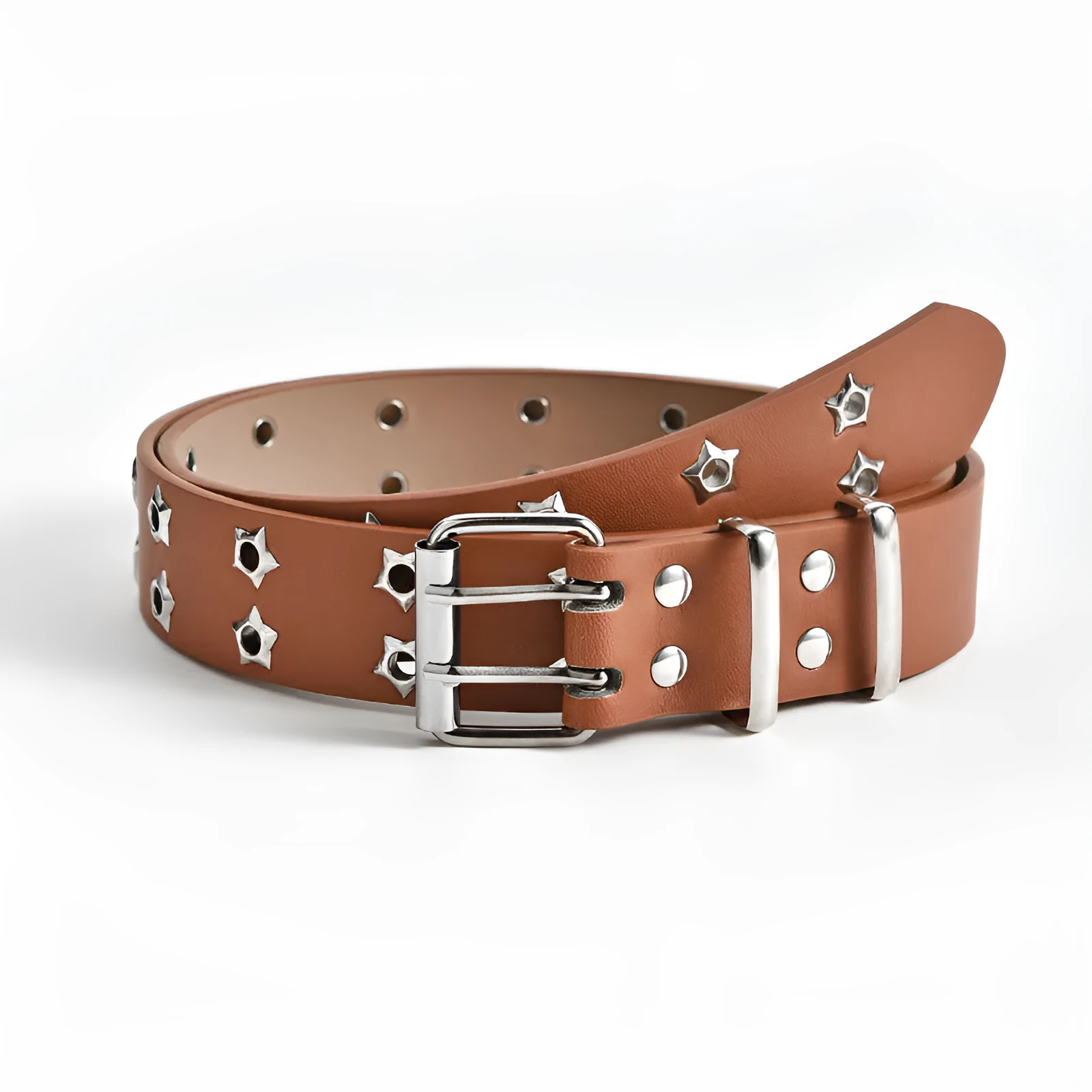 Women's fashion stars decorative double-row belt in imitation leather with alloy buckle, 110x3.3cm