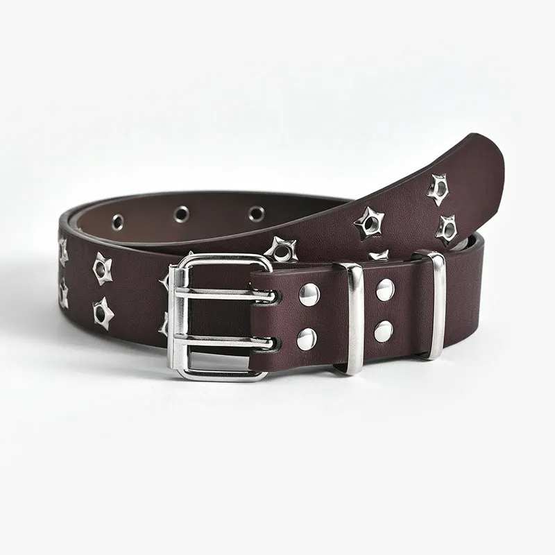 Women's fashion stars decorative double-row belt in imitation leather with alloy buckle, 110x3.3cm