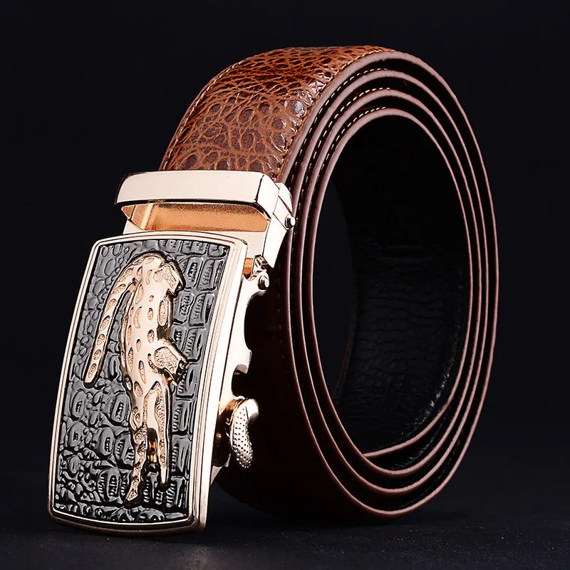 Men's cowhide automatic buckle waist belt in black with alloy buckle, 110cm length
