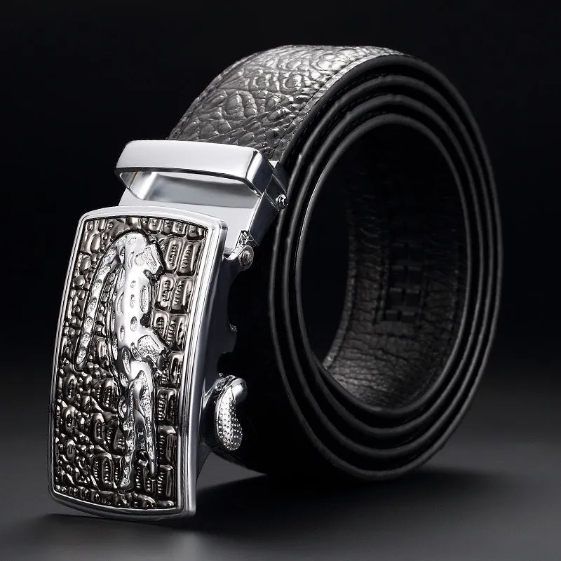 Men's cowhide automatic buckle waist belt in black with alloy buckle, 110cm length