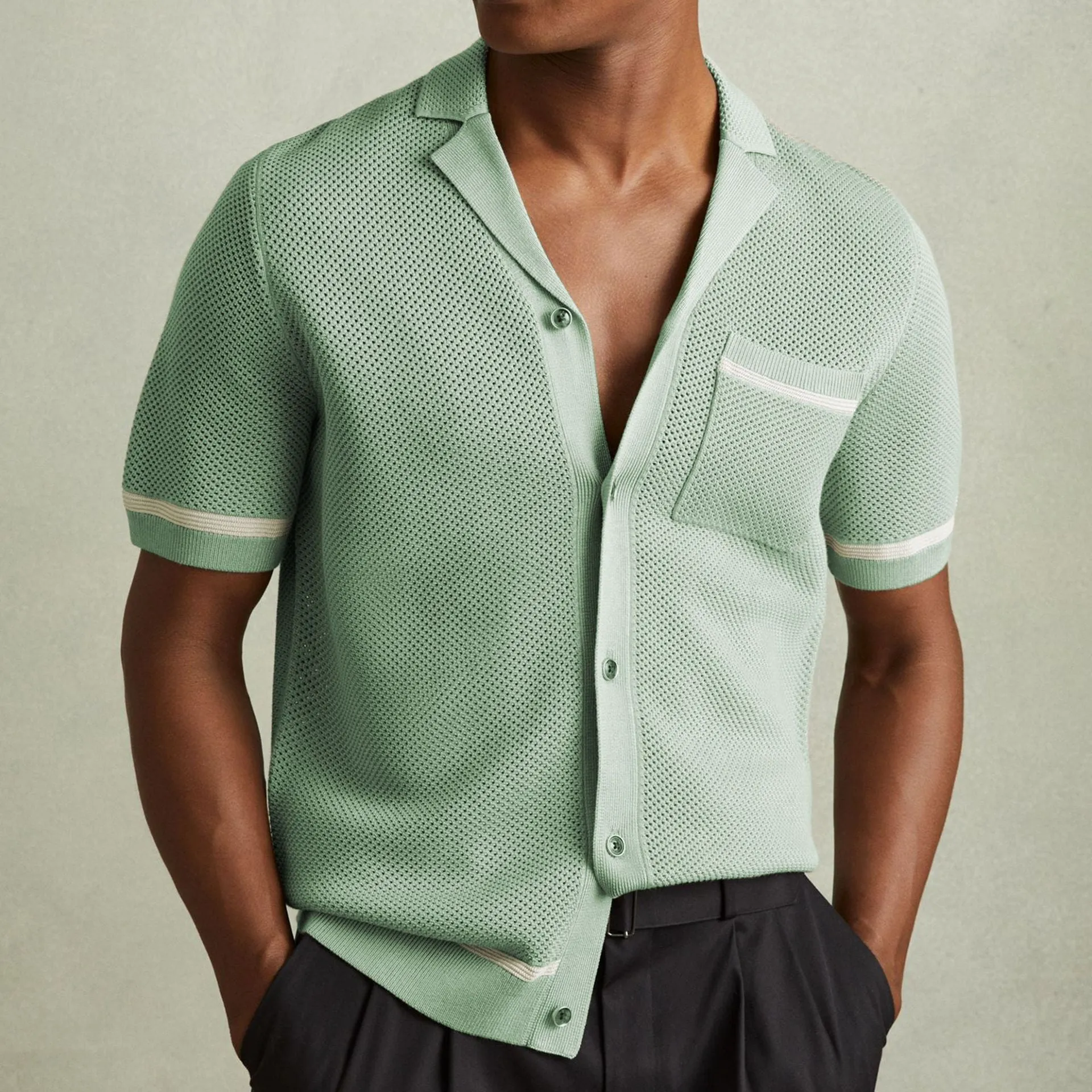Men's Cuban collar short sleeve polo shirt in blue featuring flocking texture detail, regular fit, Tencel viscose fabric