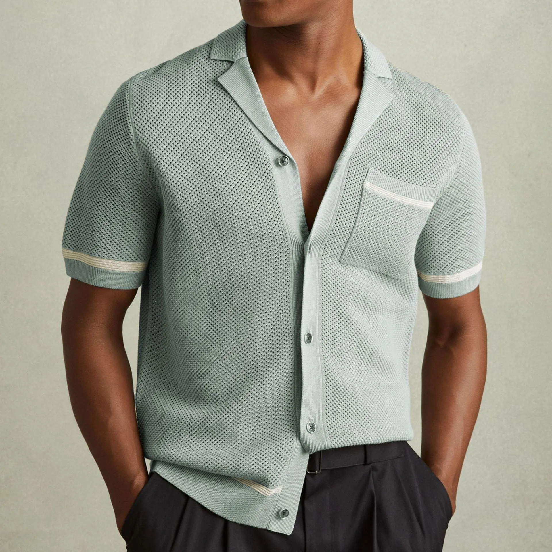 Men's Cuban collar short sleeve polo shirt in blue featuring flocking texture detail, regular fit, Tencel viscose fabric