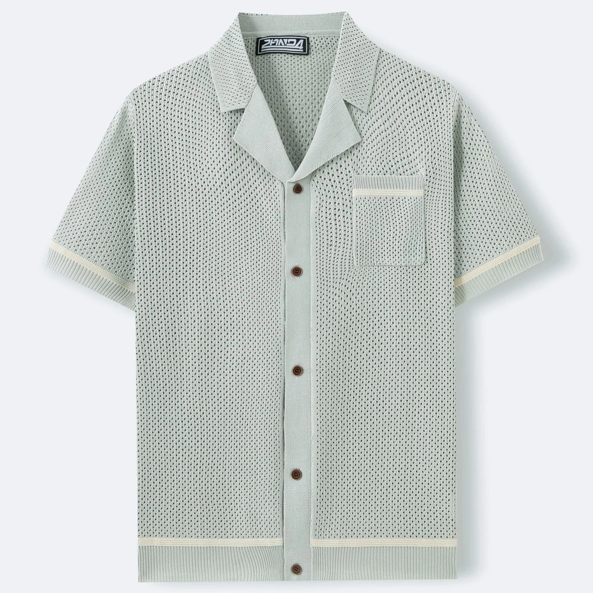 Men's Cuban collar short sleeve polo shirt in blue featuring flocking texture detail, regular fit, Tencel viscose fabric