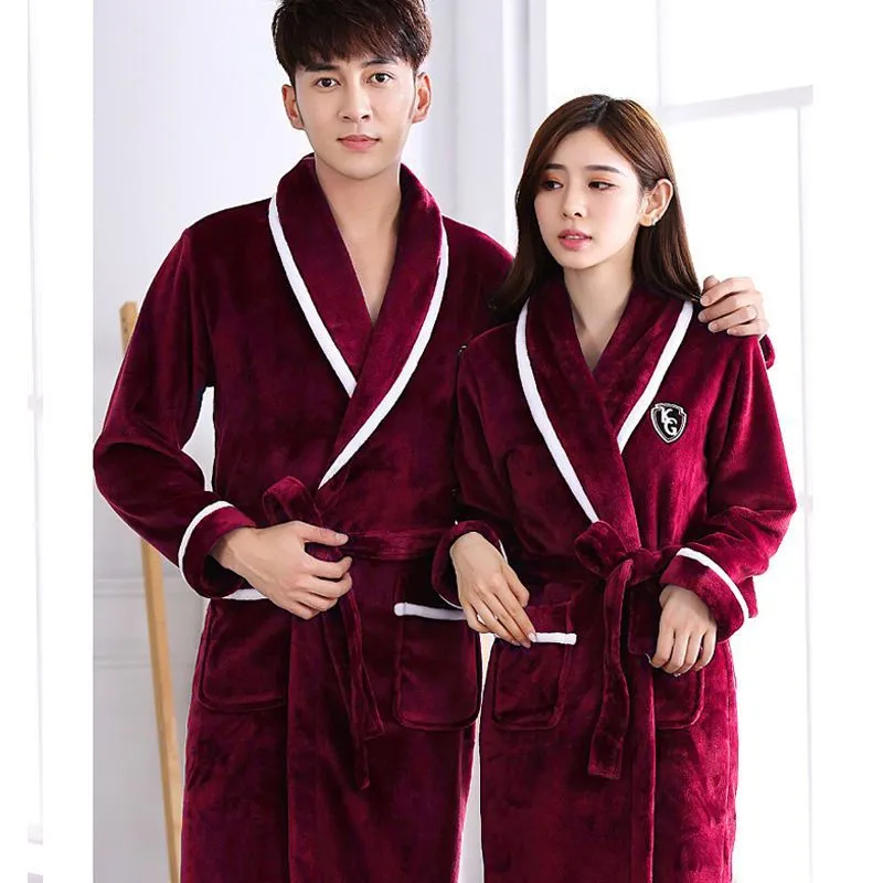 Flannel thickened long section bathrobe for men and women with wine red and white stripes, pastoral style, size options M to 3XL