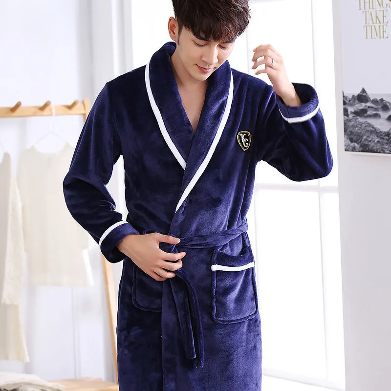 Flannel thickened long section bathrobe for men and women with wine red and white stripes, pastoral style, size options M to 3XL