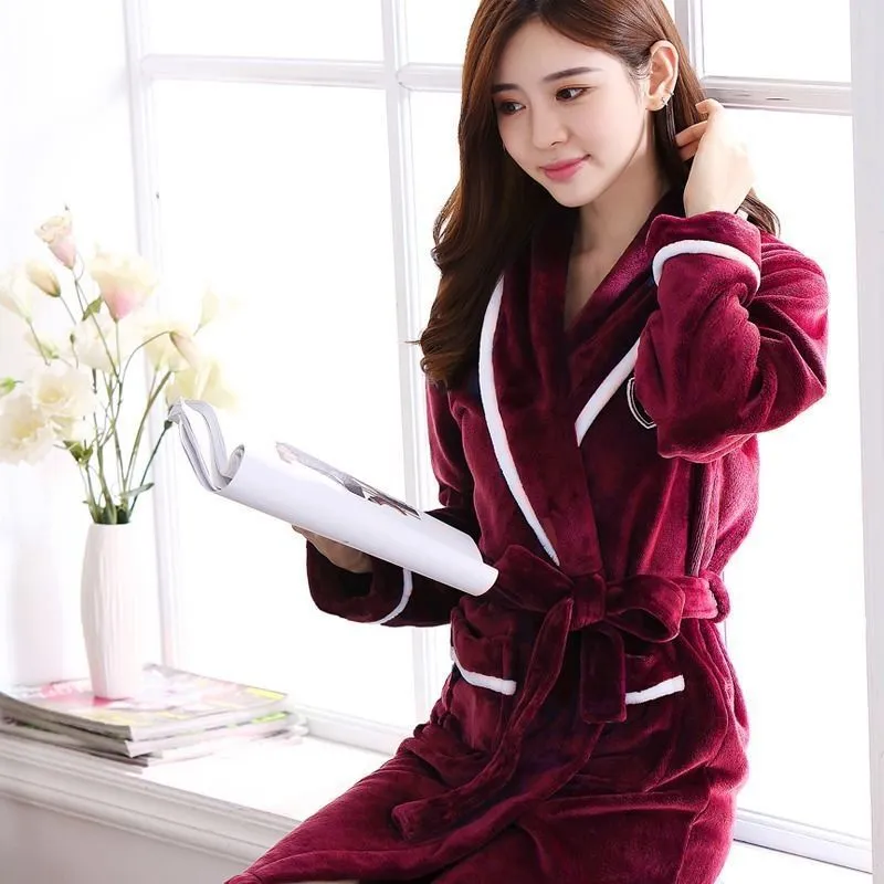 Flannel thickened long section bathrobe for men and women with wine red and white stripes, pastoral style, size options M to 3XL