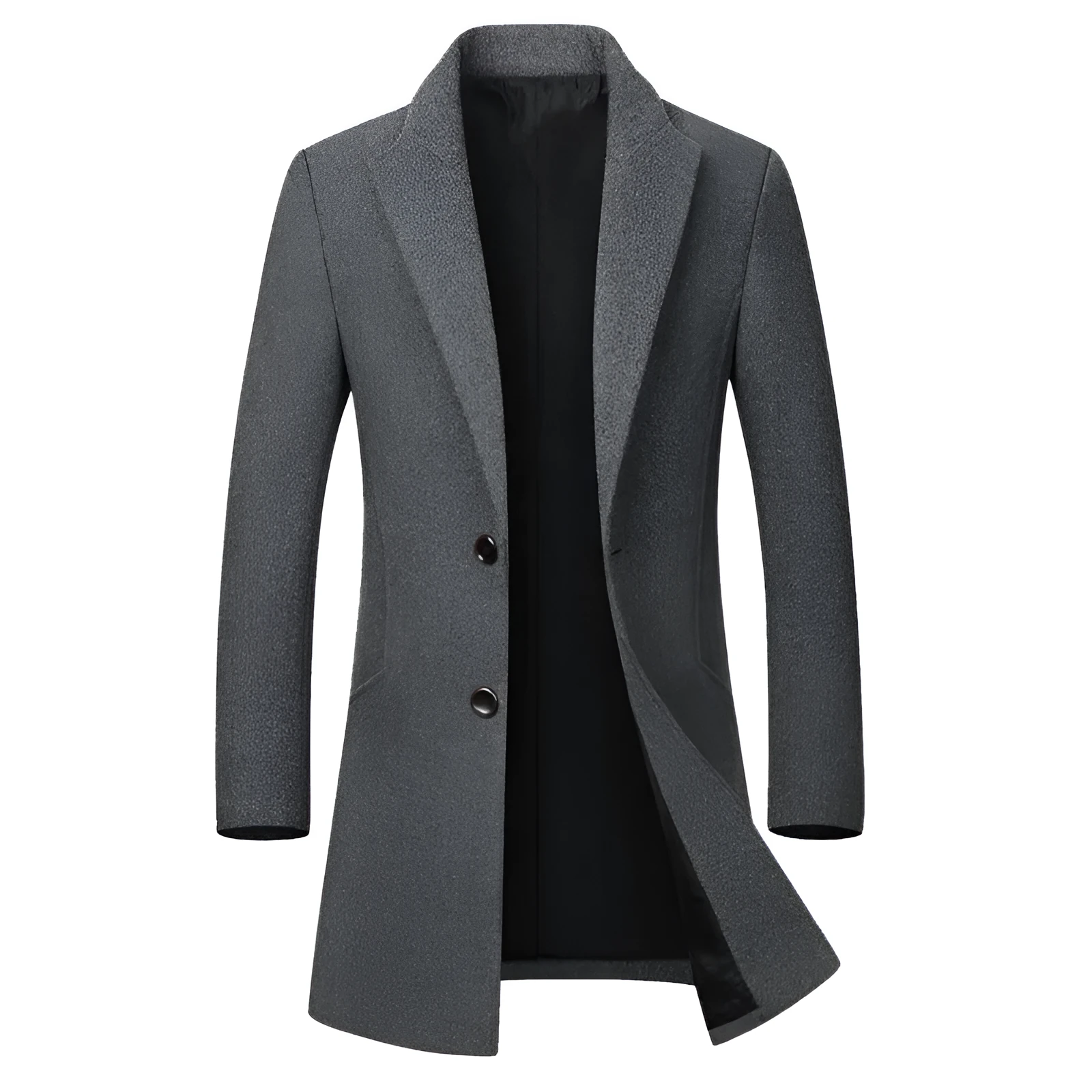 Men's long woolen trench coat in dark navy double-breasted with notch lapel