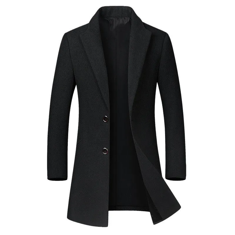 Men's long woolen trench coat in dark navy double-breasted with notch lapel
